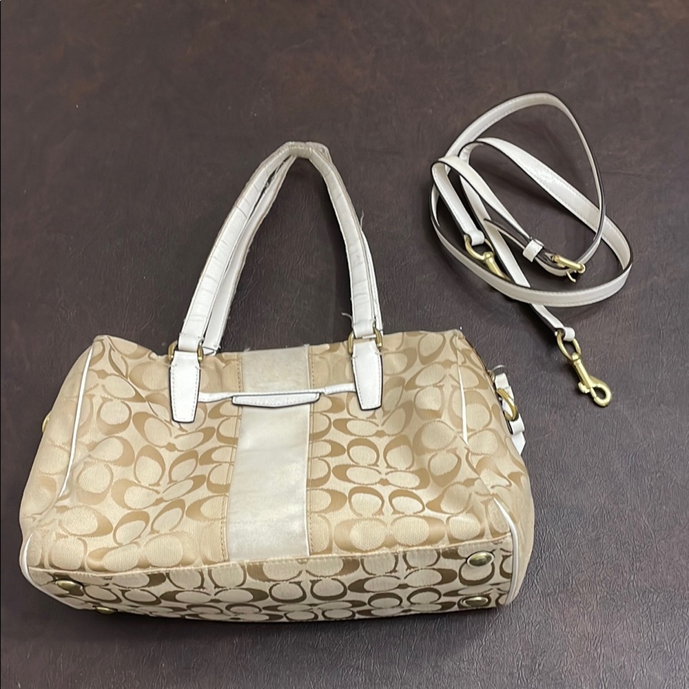 Coach Beige and White Signature Tote Bag